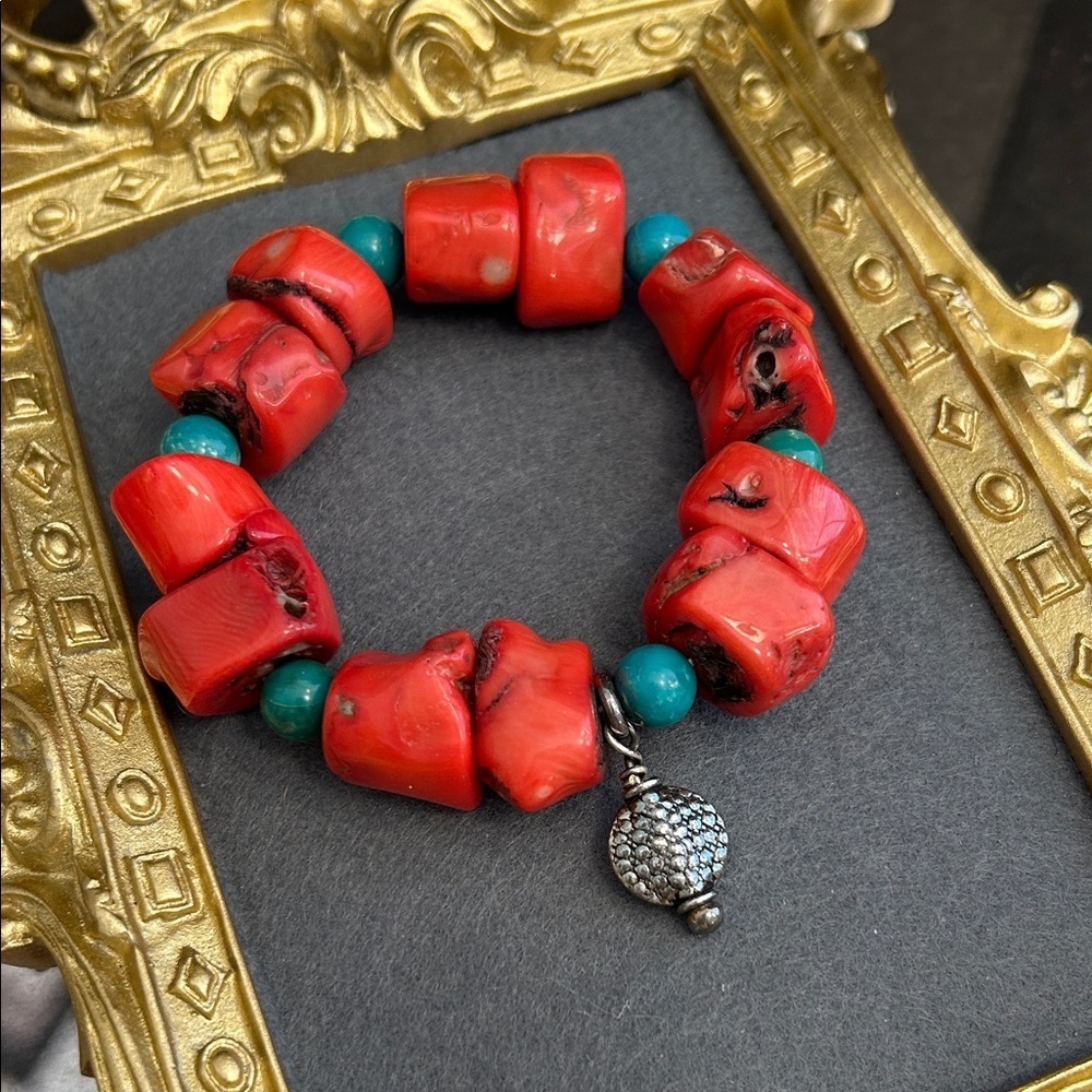 Super Chunky Red Coral Stretch Bracelet with Silver Charm